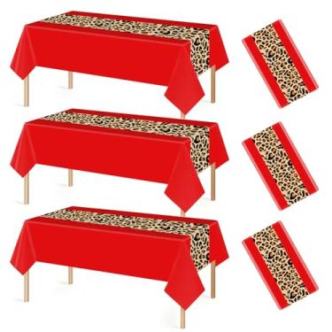 Imagem de ROLYTA 3 peças de toalha de mesa de plástico descartável com estampa de leopardo, 137 x 272 cm, decorações de festa com estampa de guepardo, para aniversário, chá de bebê, casamento, noite das meninas