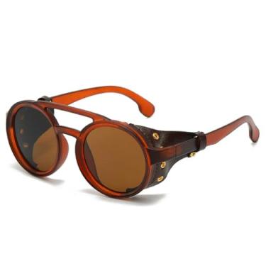 Imagem de HCHES Óculos de Sol Retrô Masculino Feminino em Couro Redondo Vintage Anti-Vento para Esportes ao Ar Livre com Proteção UV400 (Marrom)