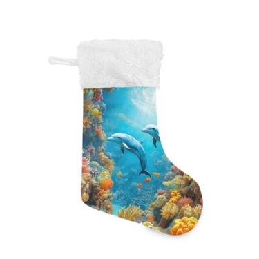 Imagem de Blueangle Pacote com 2 meias de Natal Underwater World of Dolphins de 17,7 polegadas para decorações de festas de fim de ano, porta-presentes e meias (633)