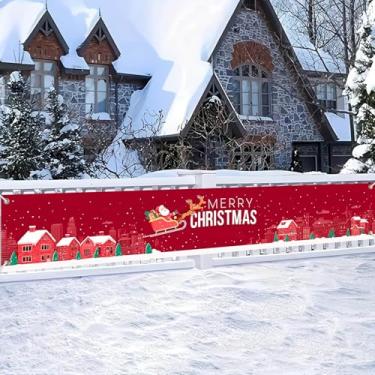 Imagem de HOMETITUTE Faixa de Feliz Natal 395 x 50 cm, Papai Noel, Trenó, Cidade, Pano de Fundo Vermelho, Decorações de Natal para Quintal, Cerca, Varanda, Parede, Feriado, Banner, Fotografia de Inverno, Pano