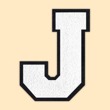 Imagem de QianSiLi Remendos de letras universitárias de chenille branco de 11 cm, letras grandes para jaquetas Letterman, moletons com capuz, mochilas, coletes, roupas, adesivos individuais da letra J