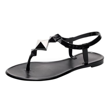 Imagem de OMGard Sandálias femininas cravejadas chinelos tanga gelatinosa ajustável tira em T jellies sapatilha transparente verão praia piscina chinelos sem cadarço secagem rápida macio, Preto, 38