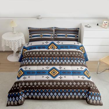 Imagem de jejeloiu Conjunto de edredom geométrico boêmio, tamanho Queen, asteca, tribal, ocidental, étnico, indiano, boêmio, decoração de quarto, marrom escuro, 3 peças com 2 fronhas