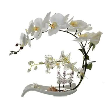 Imagem de Flor artificial com vaso de orquídea, flor artificial com vaso de flores branco, flor de plástico Phalaenopsis, usada para decoração de mesa de sala de estar, orquídea