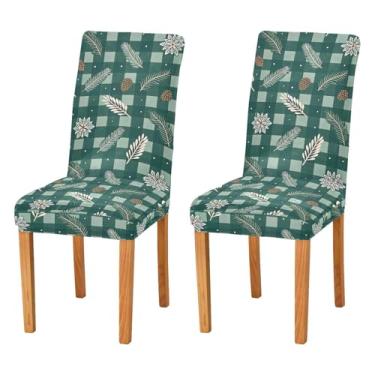 Imagem de Wassud Capas de cadeira de Natal xadrez verde escuro para jantar capa de cadeira elástica capa de cozinha lavável conjunto de 2 capas protetoras de assento