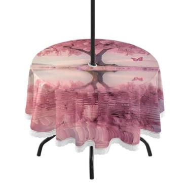Imagem de CEBUGI Toalha de mesa redonda para ambientes externos, árvore de cerejeira, à prova d'água, com furo Umberlla, capa de mesa lavável para pátio, cozinha, sala de jantar, 152 cm