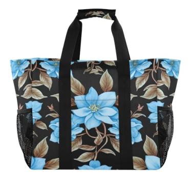 Imagem de Wassud Sacolas de compras reutilizáveis com flores azuis claras, grande, bolsa organizadora de lona à prova d'água para praia, piquenique, lavanderia, viagem