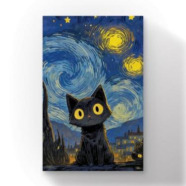 Imagem de quadro canvas decorativo gato preto noite estrelada arte inspirada van gogh pintura tela 60x40 cm decoracao parede estilo moderno impressao em alta definicao