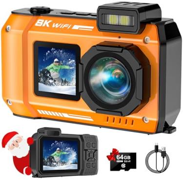 Imagem de SPUNALP Câmera subaquática UHD 8K, câmera digital impermeável WiFi de 70 MP com cartão de 64 GB, selfie de tela dupla à prova d'água com foco automático, bateria de 2500 mAh, digital flutuante 18X