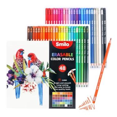 Imagem de Smilo 48 lápis de cor apagáveis com borrachas – cores vibrantes e suaves para desenhar, livros de colorir, projetos de arte escolar – Materiais de arte premium para crianças, adultos e artesanato DIY