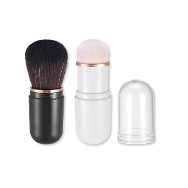Imagem de Kit 2 Pincéis Retráteis Kabuki Premium – Compactos, Macios e Portáteis para Base, Pó e Blush - Design Luxuoso Preto e Branco com Tampa Protetora