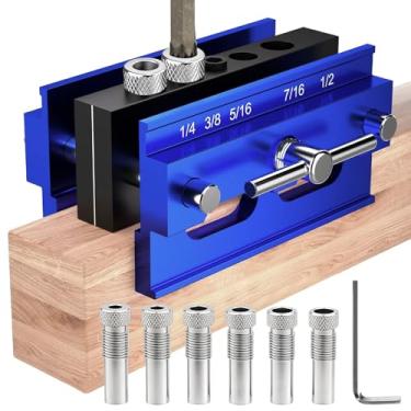 Imagem de Kit de gabarito de cavilhagem autocentralizante, gabarito de broca para furos retos, conjunto de marceneiro de biscoito com 6 buchas de guia de broca, guia de perfuração de largura ajustável