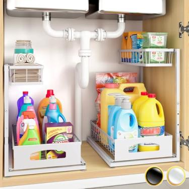 Imagem de Organizador embaixo da pia, pacote com 2 organizadores de armário ajustáveis em altura com gaveta deslizante, armazenamento embaixo da pia, prateleiras multiuso de 2 camadas para pia de cozinha