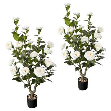 Imagem de 2 peças de camélia artificial 96,5 cm, plantas artificiais artificiais ao ar livre, árvore branca com vaso e 24 flores, para decoração interna ou externa de casa