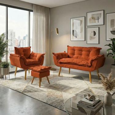 Imagem de Kit Namoradeira Poltrona e Puff Decorativo Para Sala Recepção Manicure Consultório Alice Tecido Suede