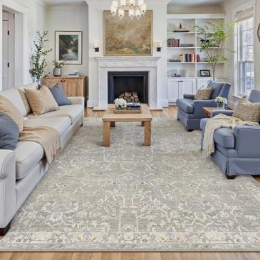 Imagem de HUGEAR Tapete de área 20 x 25 cm, retrô, cinza, lavável à máquina, tapetes para sala de estar, envelhecido, vintage, floral, aspirável, tapete baixo, quarto, escritório, sala de jantar, lavanderia