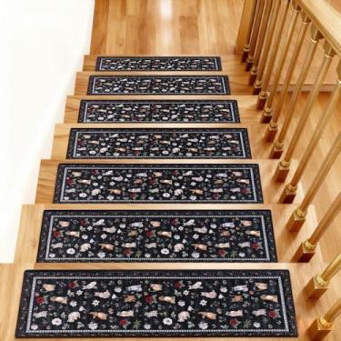 Imagem de KingMang Tapete de escada antiderrapante para degraus de madeira, 15 peças, 20,3 x 76,2 cm, tapete de escada de borracha termoplástica, tapete de escada macio, lavável, reutilizável, para cães e