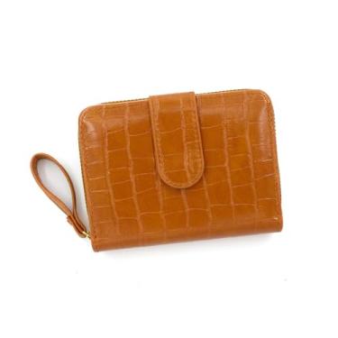 Imagem de Carteira feminina de couro genuíno com dobra dupla/tripla - Suporte minimalista para cartão de crédito com bloqueio de RFID e bolso para moedas, Marrom, Casual