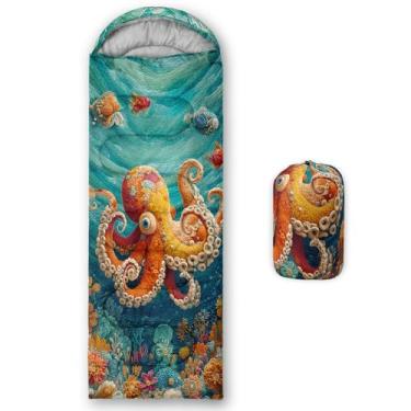 Imagem de AILONEN Saco de dormir polvo no fundo do mar para meninos, meninas, adultos, leve e à prova d'água, clima quente e frio para 3 estações, portátil, viagens, acampamento, caminhada