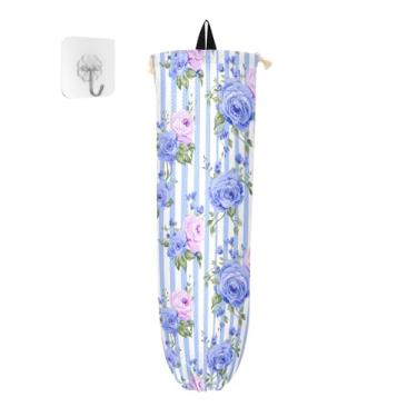 Imagem de Dispensador de sacolas plásticas listradas azuis de rosas violetas, realeza, sacolas plásticas, bolsa de armazenamento de cozinha