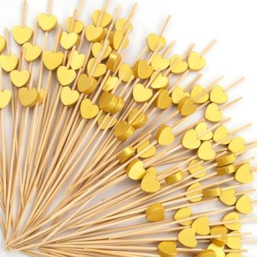 Imagem de Palitos de coquetel Gold Heart, 100 peças de palitos de bambu para dia dos namorados para charcutaria romântica, encontros noturnos, aperitivos e bebidas martini | Artigos de festa de amor para