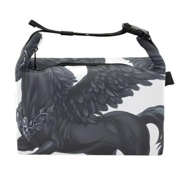 Imagem de TSENQUE Lancheira feminina macia com asas de cavalo Pegasus Wings preta e branca para o trabalho linda bolsa rosa com isolamento de alimentos para o trabalho