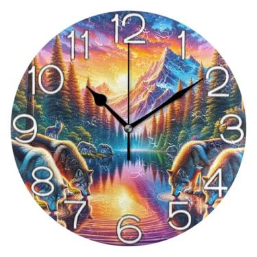 Imagem de GAIGEO Relógio de parede analógico decorativo operado por bateria silencioso relógio de cozinha fofo, decoração de parede vintage sala de estar, lobos montanha lago pôr do sol, 25 cm, ponteiros pretos