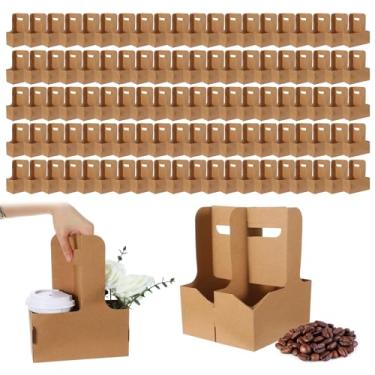 Imagem de Pacote com 100, 2 xícaras, porta-bebidas com alça, suporte descartável para copos de papelão, bandeja de bebidas dobrável para bebidas quentes e frias, ideal para entrega em viagem