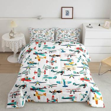 Imagem de Jogo de cama com desenho animado de avião, aviação colorida, decoração moderna, para crianças, adolescentes, estampa de avião fofo, com 1 fronha para todas as estações, solteiro