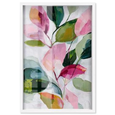 Imagem de Arte de parede de palmeira rosa com estampa de folhas vibrantes I Shadowbox por Art Remedy, moldura branca, 43 x 63 cm