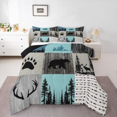 Imagem de Feelyou Conjunto de edredom rústico ocidental com urso, casa de fazenda rústica, para crianças, meninos, meninas, rústica, veado, animais selvagens, caça, decoração de quarto, 3 peças com 2 fronhas