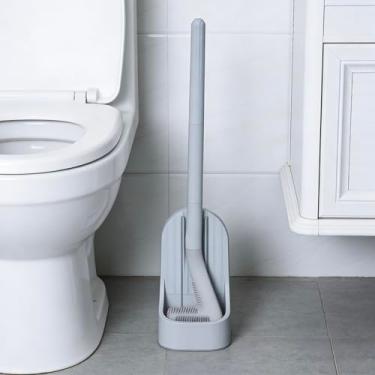 Imagem de Escova de vaso sanitário em forma de golfe de cabo longo com suporte, limpeza profunda de 360°, material de silicone flexível, design montado na parede, ideal para banheiros