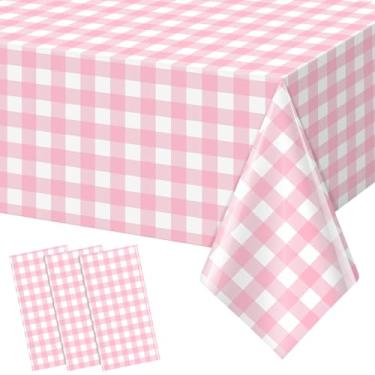 Imagem de YIDAKO 3 peças toalhas de mesa xadrez rosa, toalhas de mesa xadrez de búfalo, capas de mesa de plástico descartáveis para aniversário, chá de bebê, festa de casamento, decorações de aniversário, 137 x