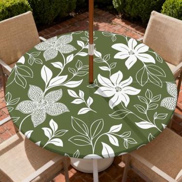 Imagem de COTAIL Toalha de mesa redonda para uso ao ar livre com zíper e orifício para guarda-chuva, toalha de mesa elástica à prova d'água a óleo para pátio, piquenique, acampamento, jardim, serve para mesa