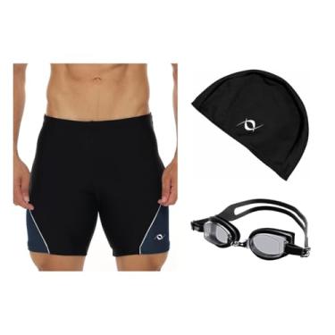 Imagem de Kit Bermuda Natação Touca Silicone E Óculos UV+ Anti Embaçante (Preto/Cinza Óculos - Preto, XGG)