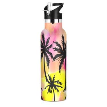 Imagem de Joisal Garrafas de água infantis de aço inoxidável de 590 ml com tampa de palha, palmeiras pretas aquarela, cucoloris, garrafa de água isolada para escola com alça, copo de viagem sem BPA