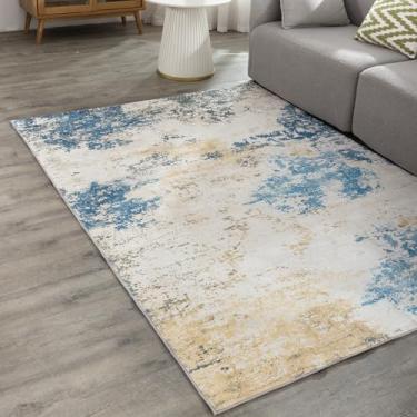 Imagem de Carvapet Tapete moderno lavável 3 x 5, -x:li Tapete de entrada interior, tapete azul abstrato de pilha baixa com suporte de borracha, tapete boho confortável com flurry antiderrapante