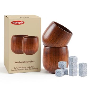 Imagem de Hufopik 2 copos de uísque de madeira, 8 peças de pedras de uísque, presentes de vidro de bourbon para homens, copos de degustação de bourbon à moda antiga – presentes de padrinhos, presente de