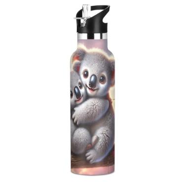 Imagem de Garrafa de água de aço inoxidável de 590 ml com tampa e alça de palha, garrafas de água escolar sem BPA, copos de viagem infantis com isolamento a vácuo de parede dupla, coala, amor, dia dos namorados