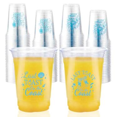 Imagem de 100 peças de copos de plástico Last Toast on the Coast 473.6 g Bachelorette Coastal Copos de plástico descartáveis coral transparente para casamento, praia, bebida, suco, lanches, suprimentos de festa