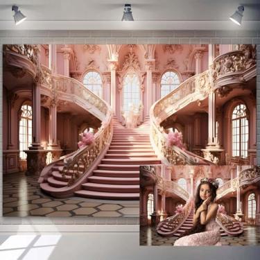 Imagem de Cenário luxuoso de palácio rosa de 3 x 2,4 m com flores rosas românticas para fotografia de escadas para casamento, estilo europeu, decoração de quarto, decoração de quarto interior, meninas