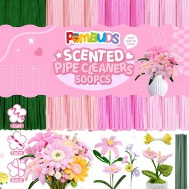 Imagem de POMBUDS Kit de limpeza de cachimbo perfumado de lírio (tema rosa) – 400 hastes de chenille, 20 hastes florais verdes, 2 rolos de fita floral, estames amarelos e guia de instruções para buquês e