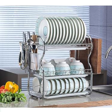 Imagem de Rack de Secagem Pratos 3 Camadas Metal Placado para Cozinha com Conjunto Prateleira Drenagem Porta-Utensílios Porta-Cortadores e Porta-Tabua Corte Bal