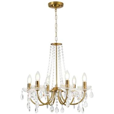 Imagem de AOLALA Lustre de cristal, iluminação pendente de cristal K9 para sala de estar Golden 6 luminária de teto para casamento, cozinha, jantar, hall de entrada, A 47 cm x L 54 cm