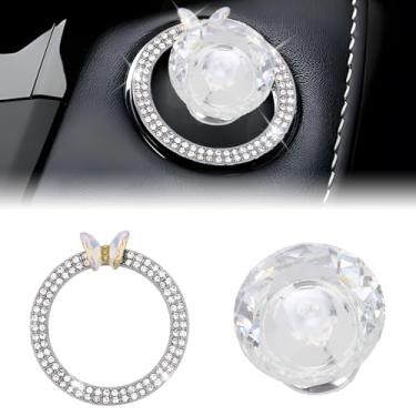 Imagem de LuneClat Capa de botão Push to Start - Capa de arranque em forma de diamante de resina e decalque de anel decorativo brilhante, acessórios interiores de carro elegantes, decoração de botões de partida