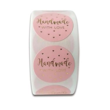 Imagem de 500 folhas de adesivos autoadesivos de papel kraft feitos à mão com amor para panificação, casamento e decorações de festa, rosa