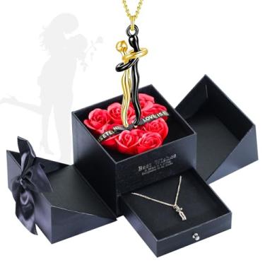 Imagem de Colar de rosa real vermelha preservada com abraço de menino e menina, aniversário, presente de Dia dos Namorados para mulheres, mãe, esposa, namorada, avó, Dia dos Namorados, Dia das Mães, Natal