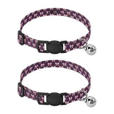 Imagem de SEHANY Conjunto de 2 coleiras de cachorro com laço roxo fofo, fivela de plástico resistente, leve, macia, com sino pequeno, coleiras personalizadas com nome de animal de estimação para meninos e