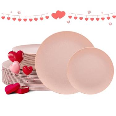 Imagem de WONDERFUL 32 peças de pratos rosa - pratos de plástico rosa reutilizáveis inquebráveis e reutilizáveis, pode ir à máquina de lavar louça, conjunto de pratos inclui: 16 jantares 25,4 cm e 16 pratos de