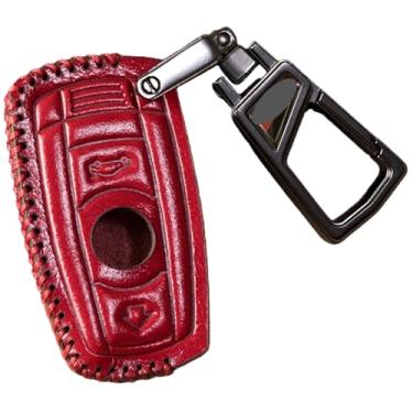 Imagem de Capa de couro artesanal para chave compatível com BMW 1 3 5 6 Série E60 E61 E70 E81 E87 E90 E91 E92 320 X1 X5 X6 Z4 Capa protetora de controle remoto inteligente(Red black metal)